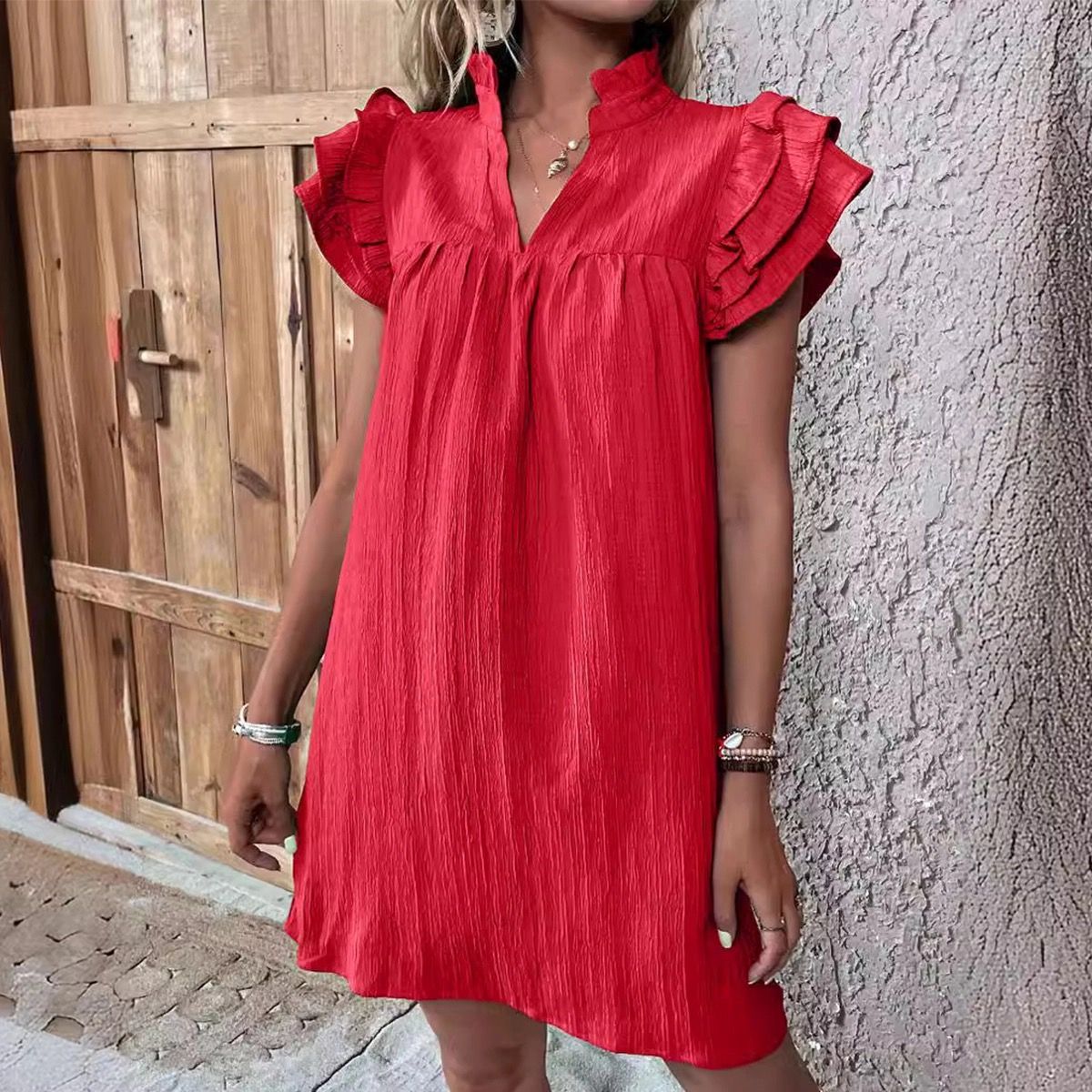 Multi-Layer Lotus Sleeve V-Neck Long Pullover Dress