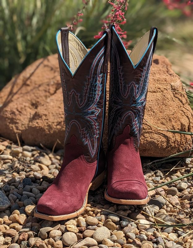 Macie Bean Womens M9500 Burgundy Suede Cowboy Boots Bone Explosion Shaft, Tan Hybrid