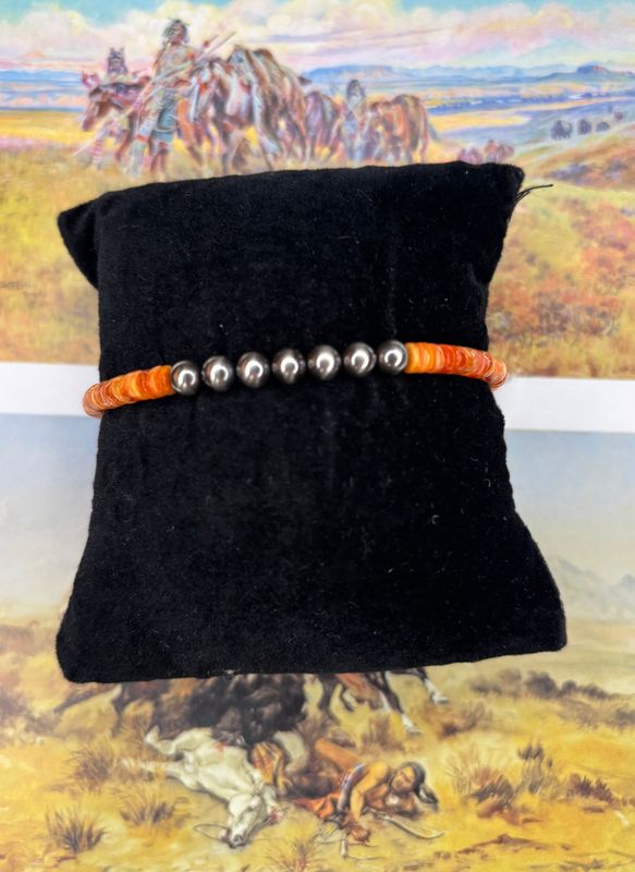 Orange Spiny Oyster and Navajo Pearl Bracelet