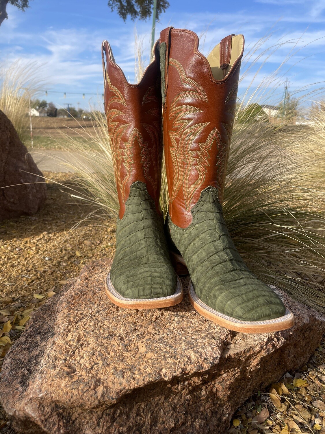 R. Watson Nubuck Olive Green Caiman Boots