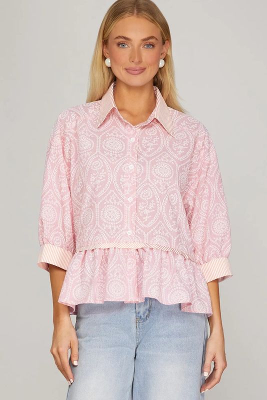 3/4 Pink Button Down Top