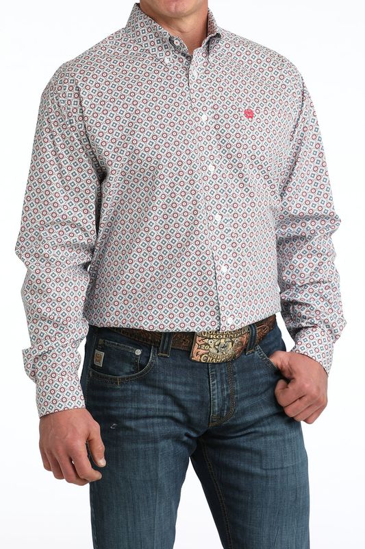Mens Cinch Red Geo Button Down