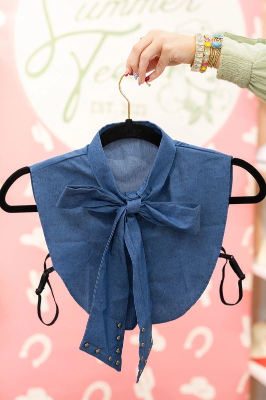 Denim Studded Bow Collar