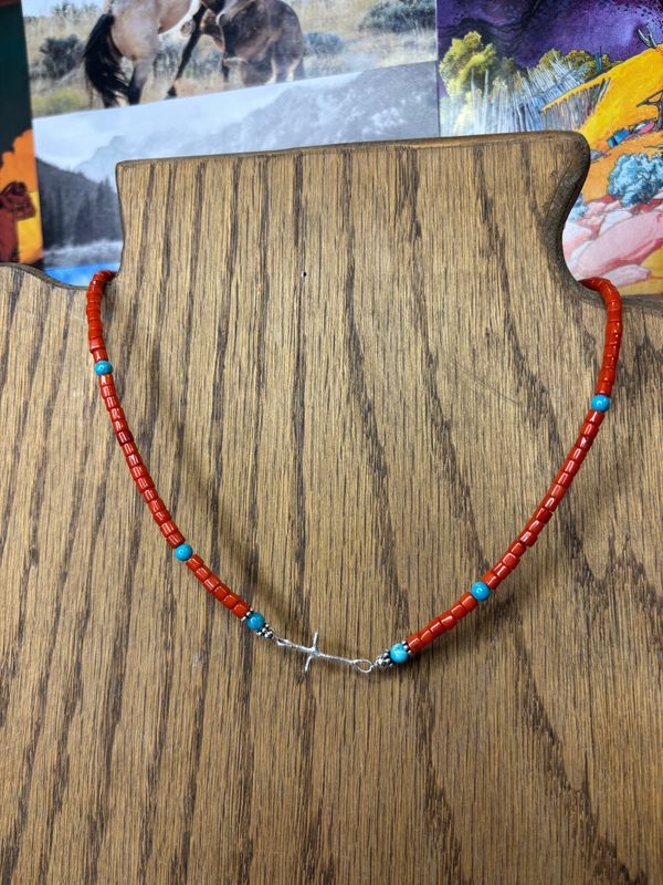 Silver Cross Coral Necklace