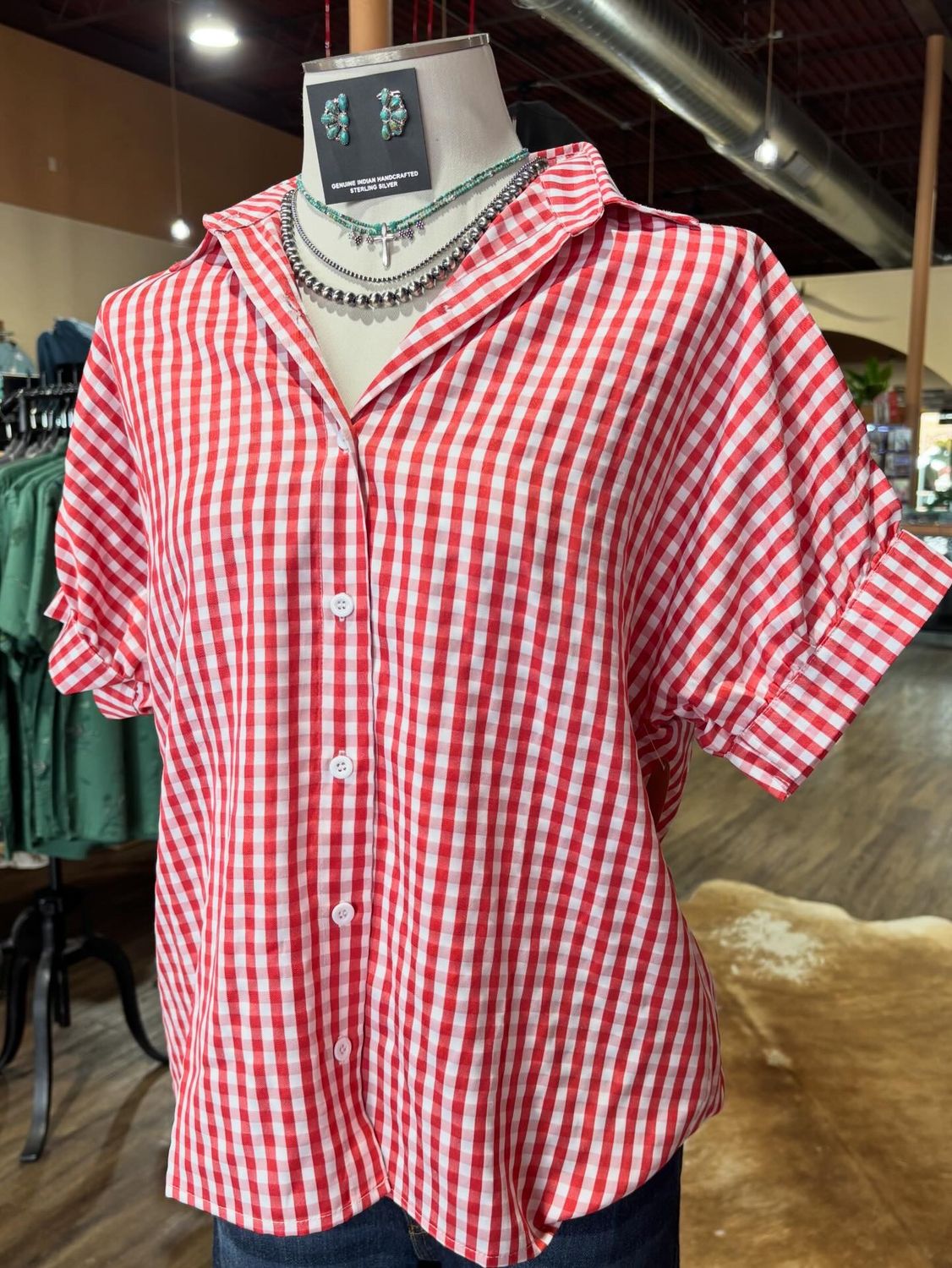 Red and White Plaid Blouse