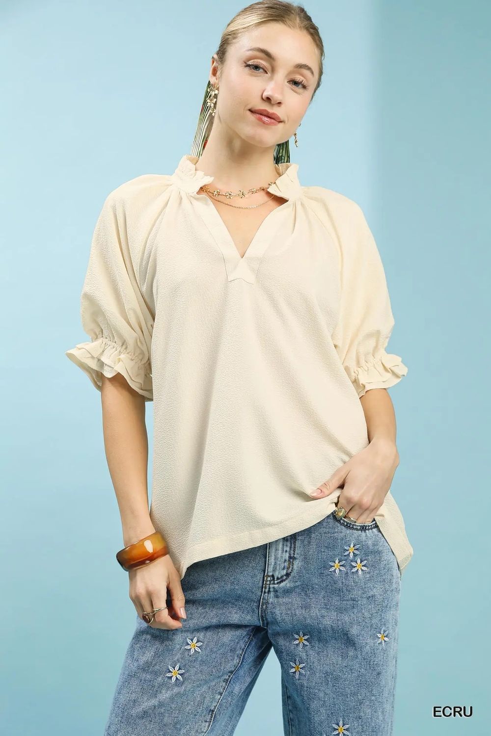 Cream Ruffled Sleeve Top