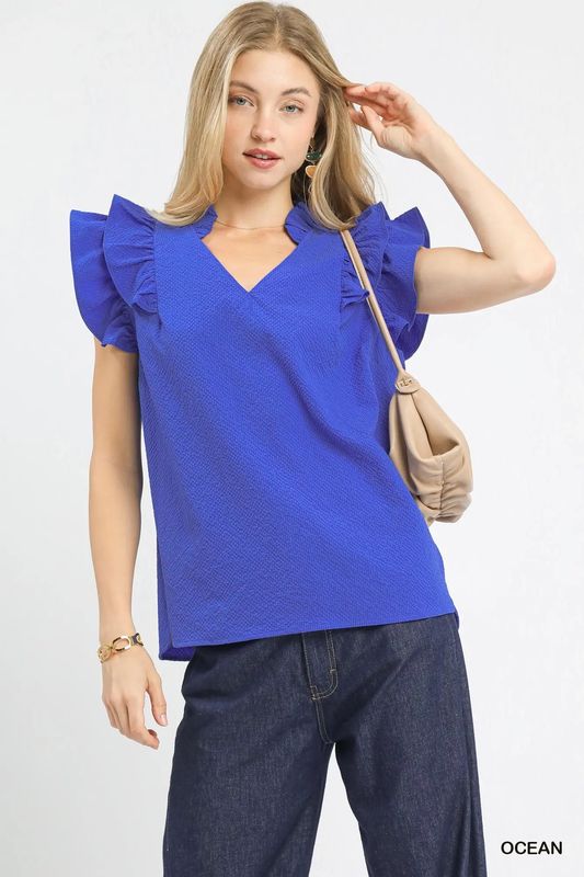 Blue Ruffled Sleeve Top