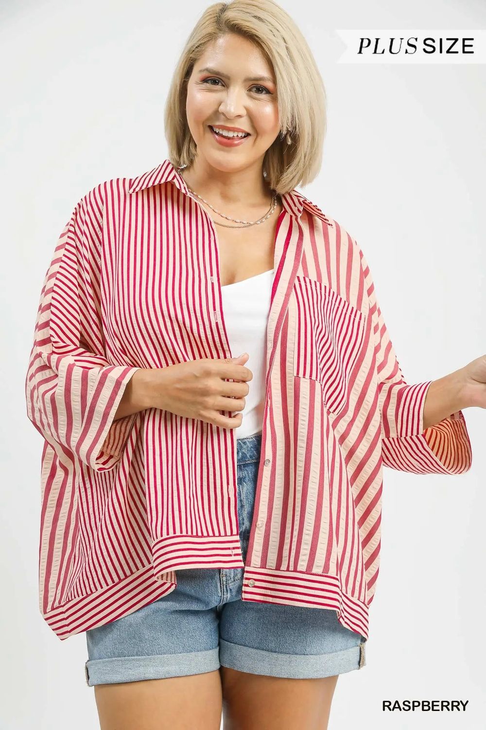 Raspberry and Cream Striped Top Plus