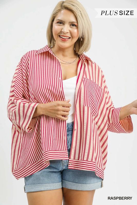 Raspberry and Cream Striped Top Plus