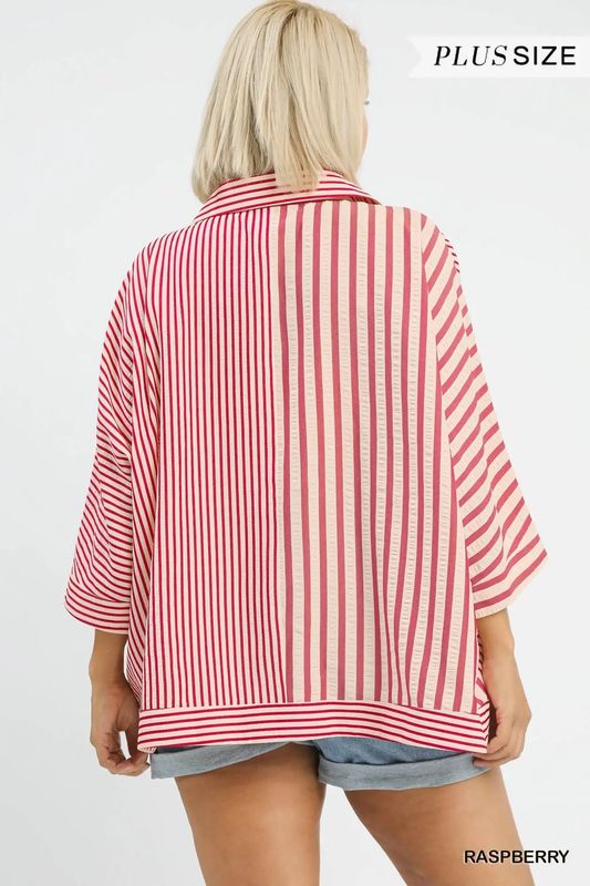 Raspberry and Cream Striped Top Plus