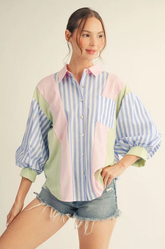 3/4 Puff Sleeve Button Down Plus