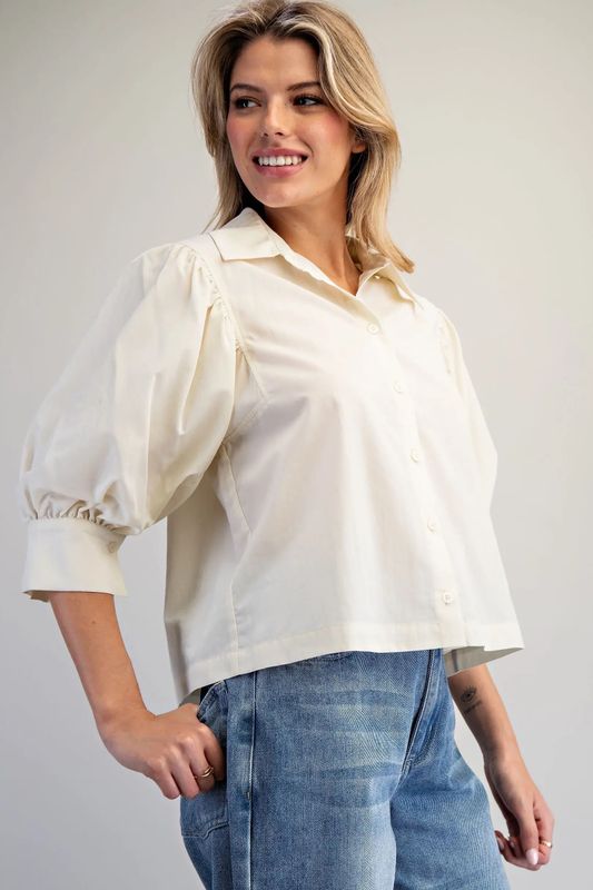 White Puff Sleeve Button Down