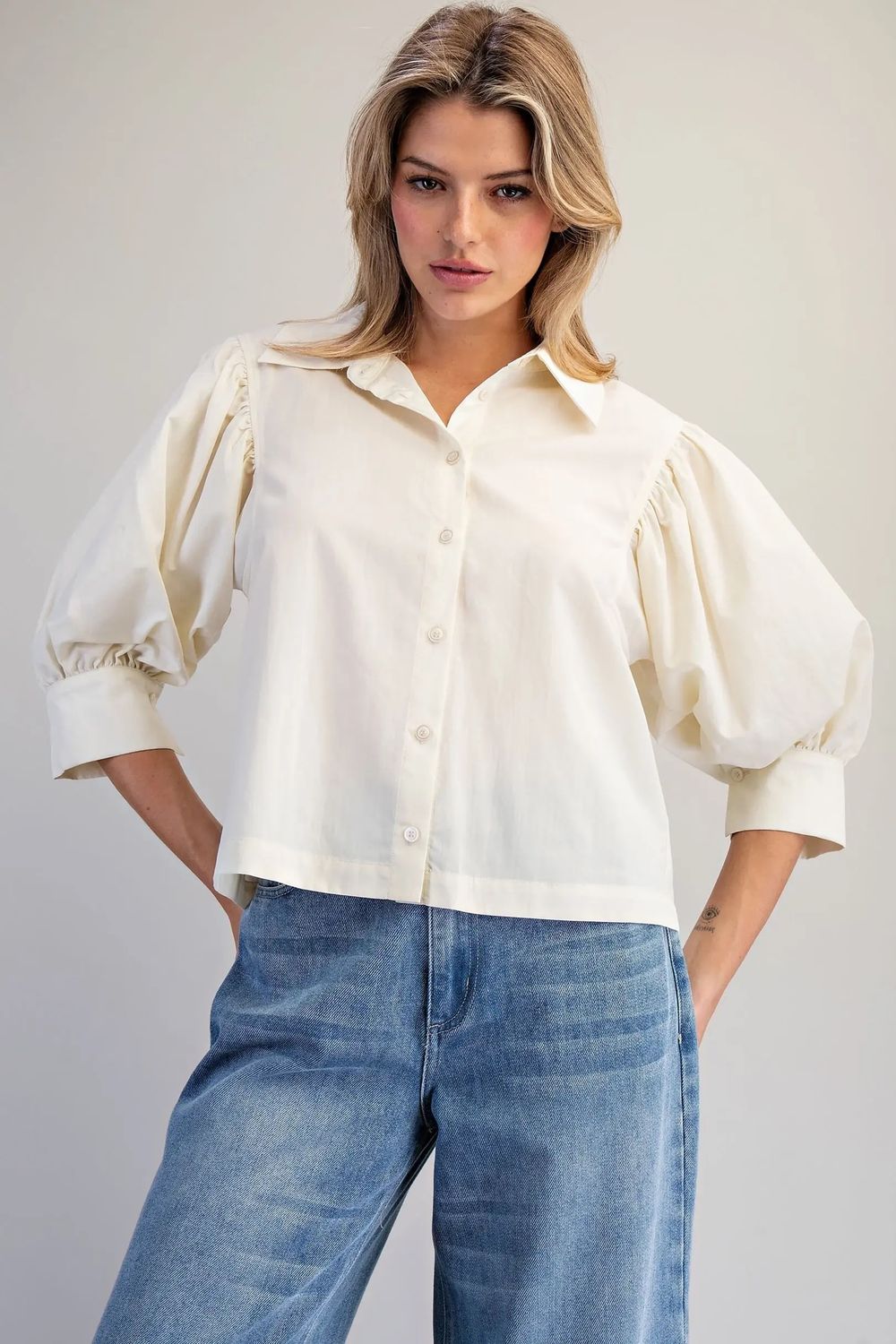 White Puff Sleeve Button Down