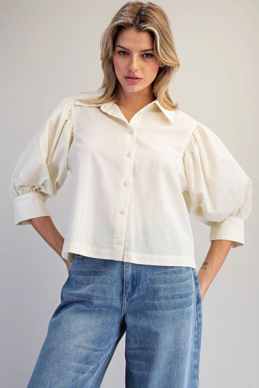 White Puff Sleeve Button Down