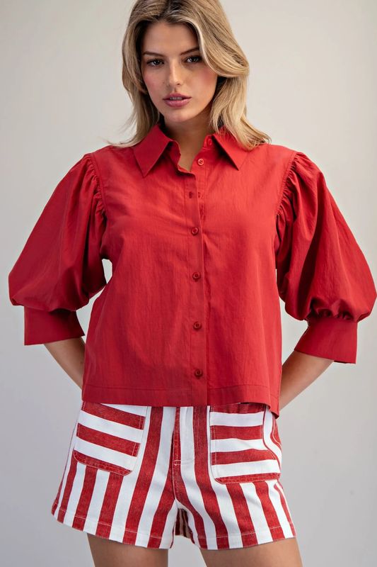 Red Puff Sleeve Button Down