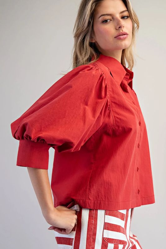 Red Puff Sleeve Button Down