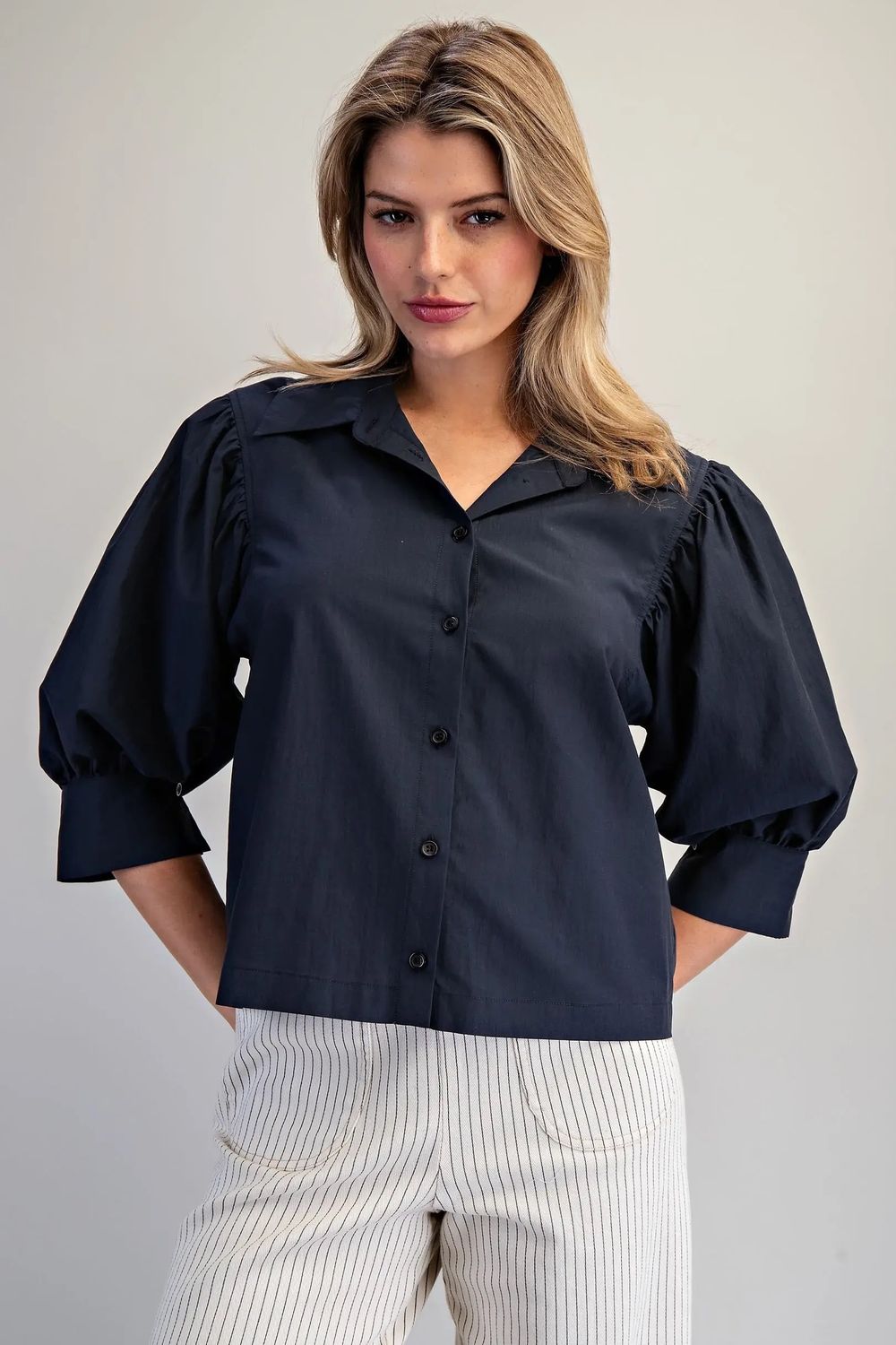 Navy Puff Sleeve Button Down