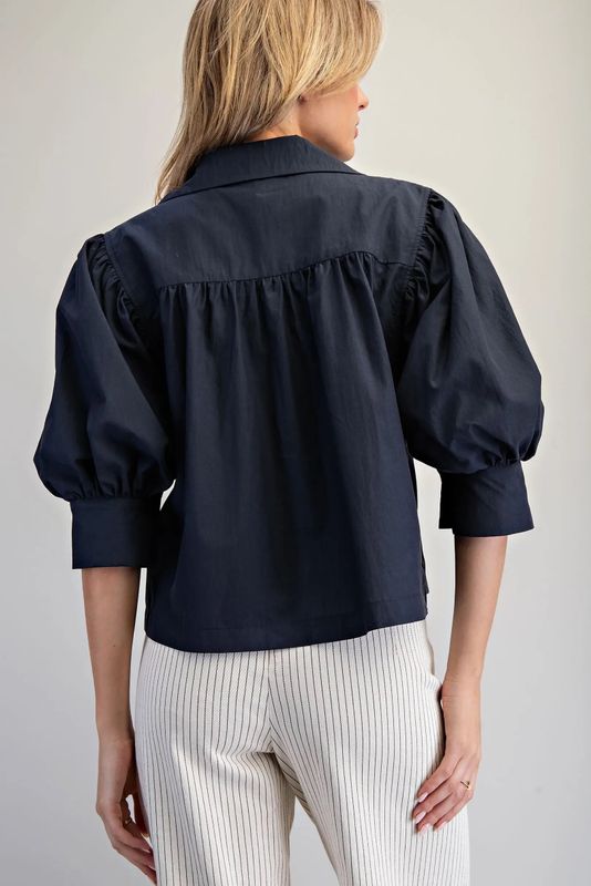 Navy Puff Sleeve Button Down