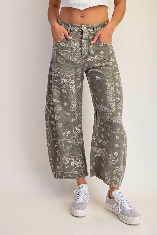 Paisley Army Green Barrel Jeans
