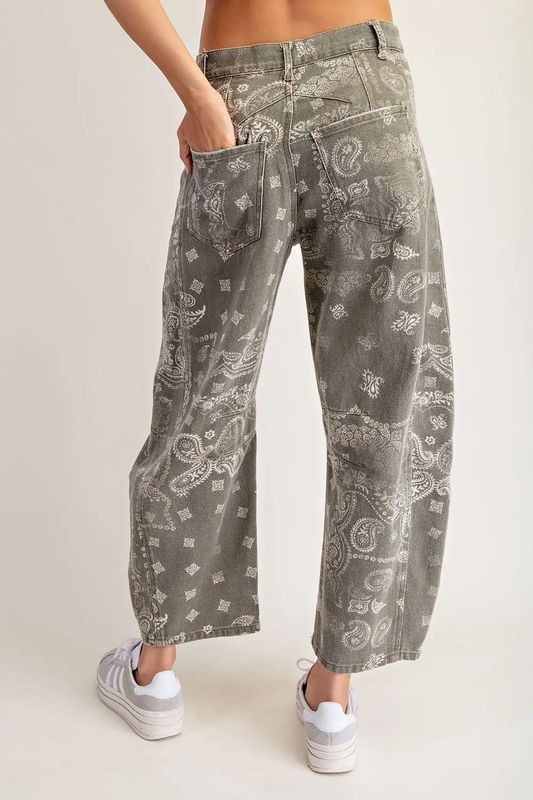 Paisley Army Green Barrel Jeans