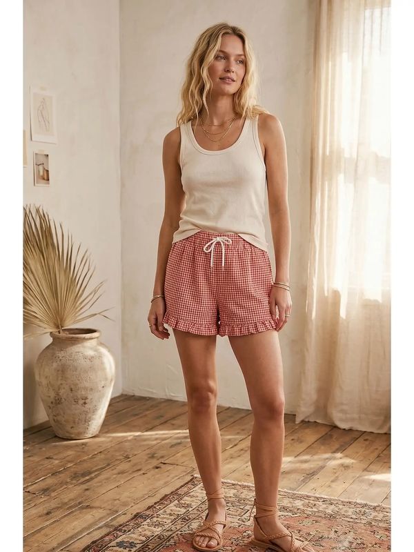 Red Check Ruffle Hem Shorts