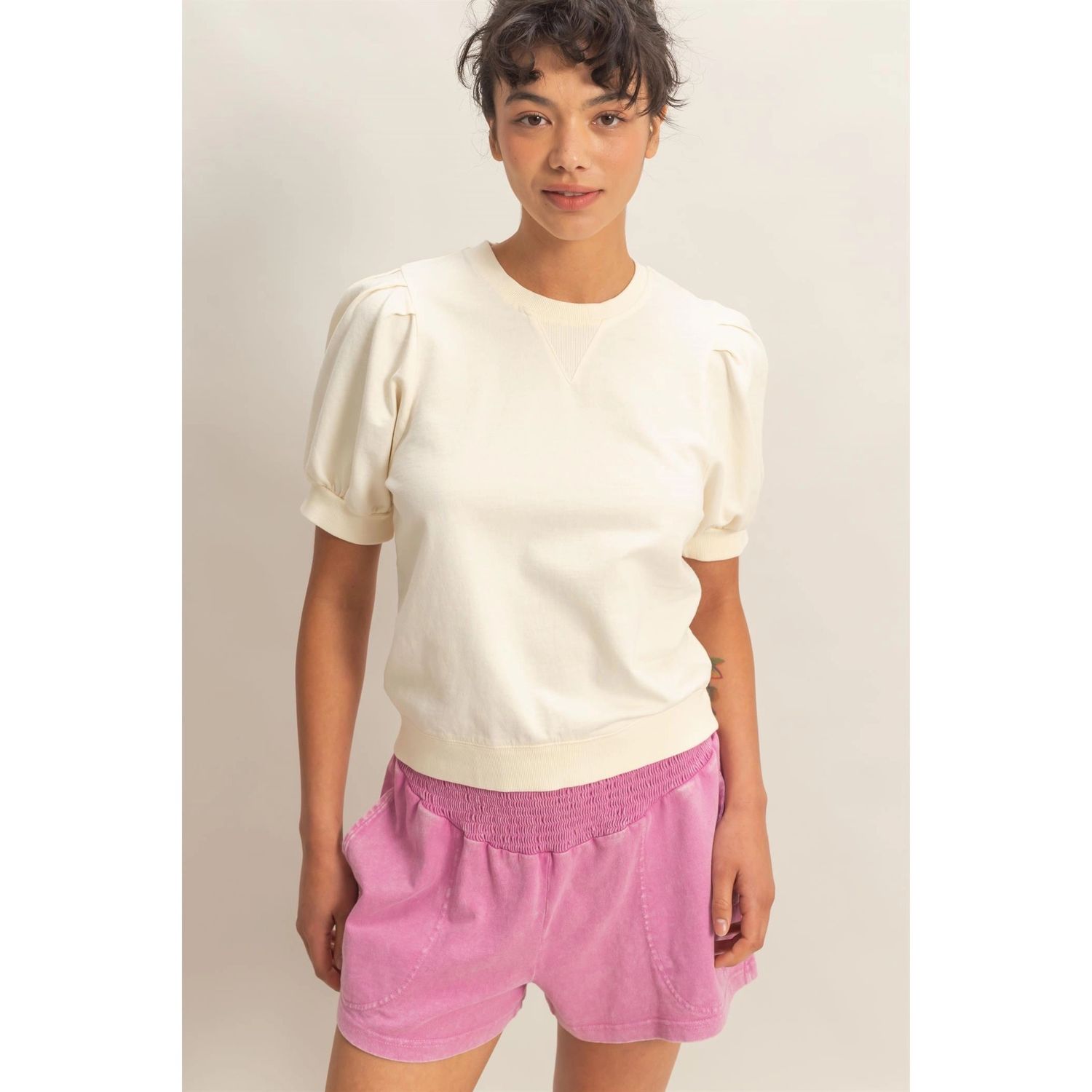 Cream Puff Sleeve Crew Neck