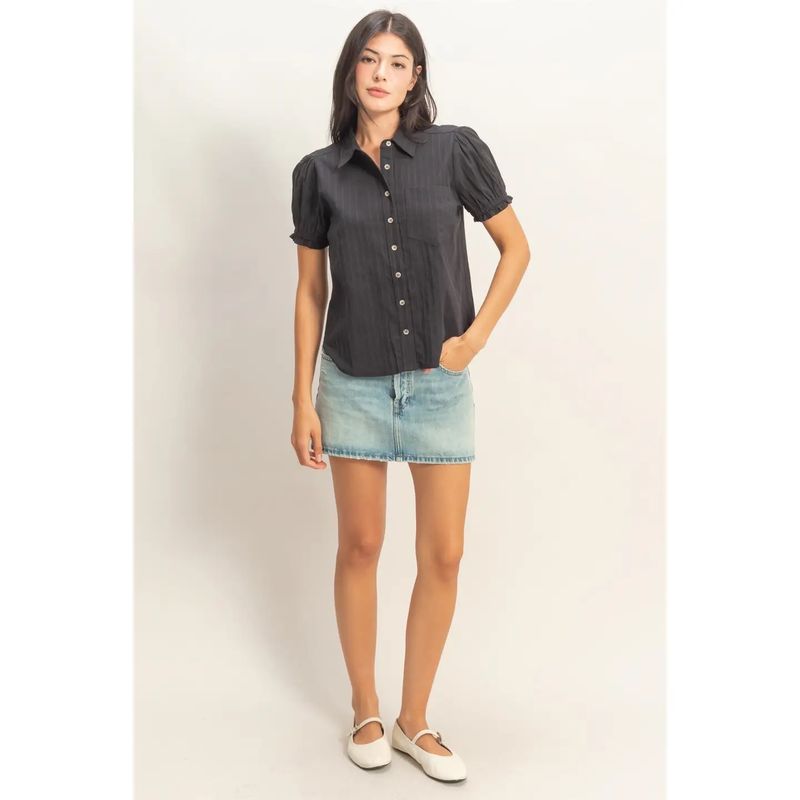 Black Puff Sleeve Button Up