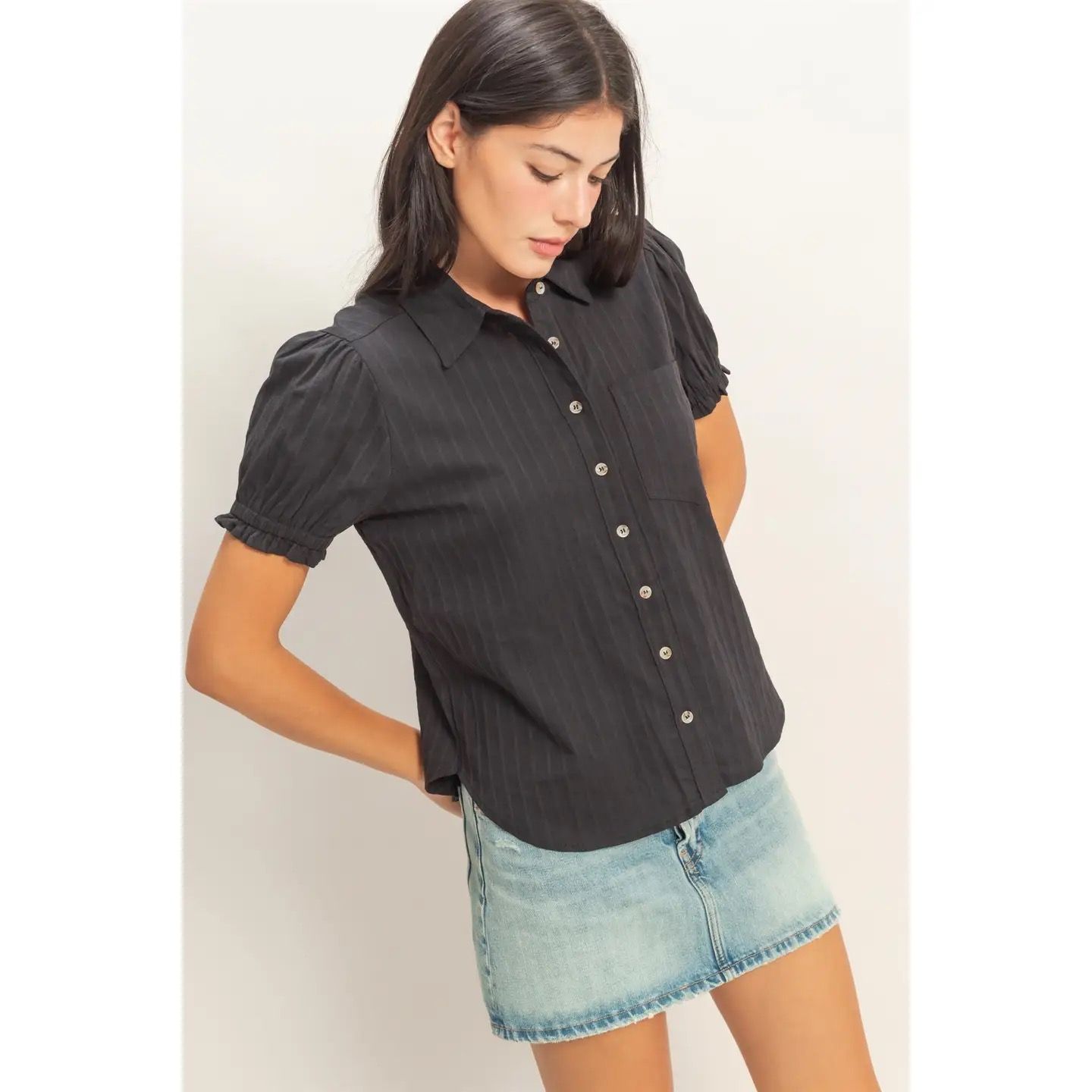Black Puff Sleeve Button Up