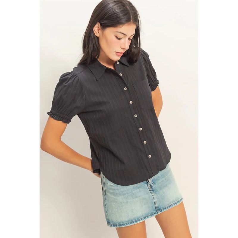 Black Puff Sleeve Button Up