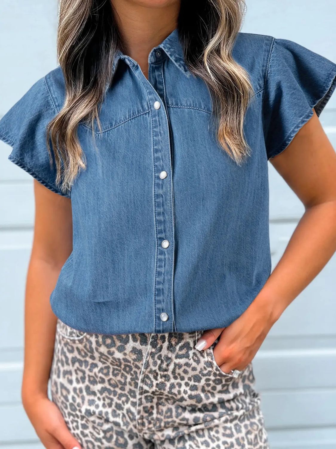 Denim Ruffled Short Sleeve Shirt