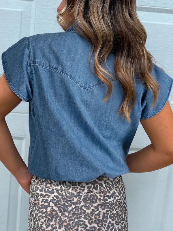 Denim Ruffled Short Sleeve Shirt