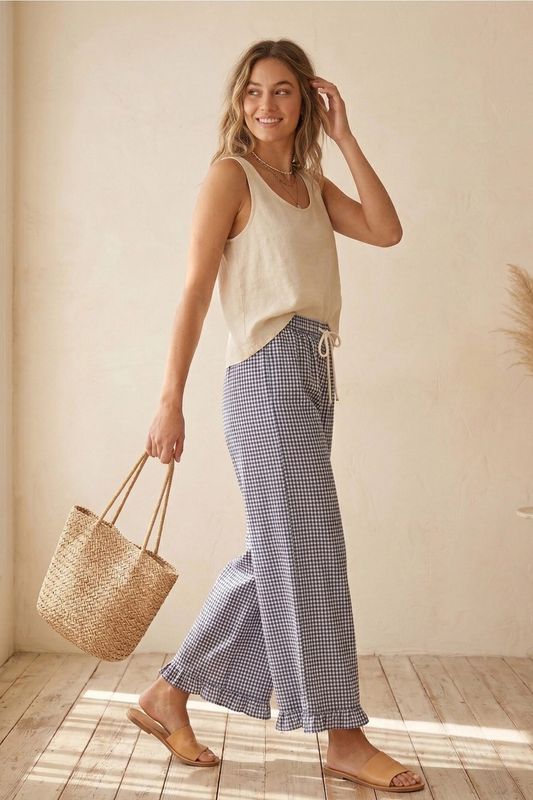Check Woven Wide Leg Pants