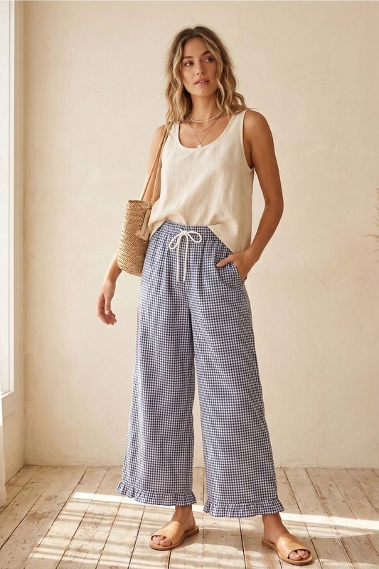 Check Woven Wide Leg Pants