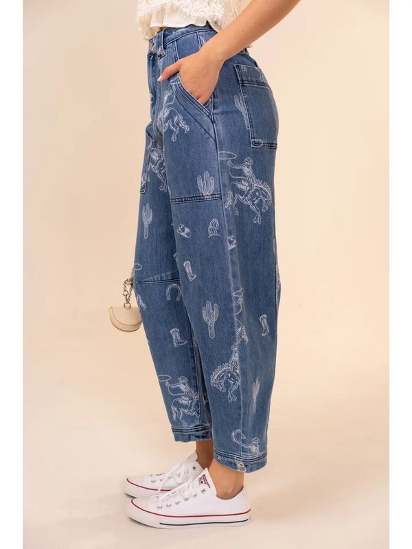 Western Print Barrel Jean