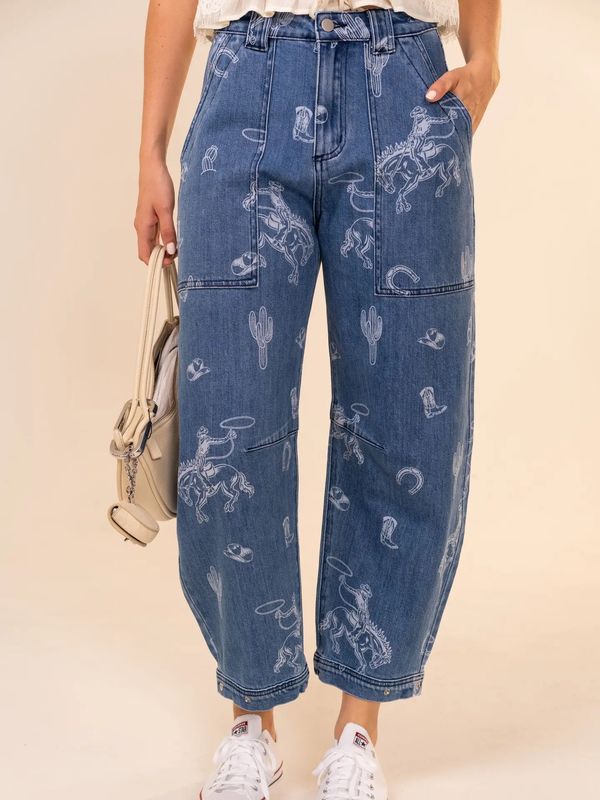 Western Print Barrel Jean