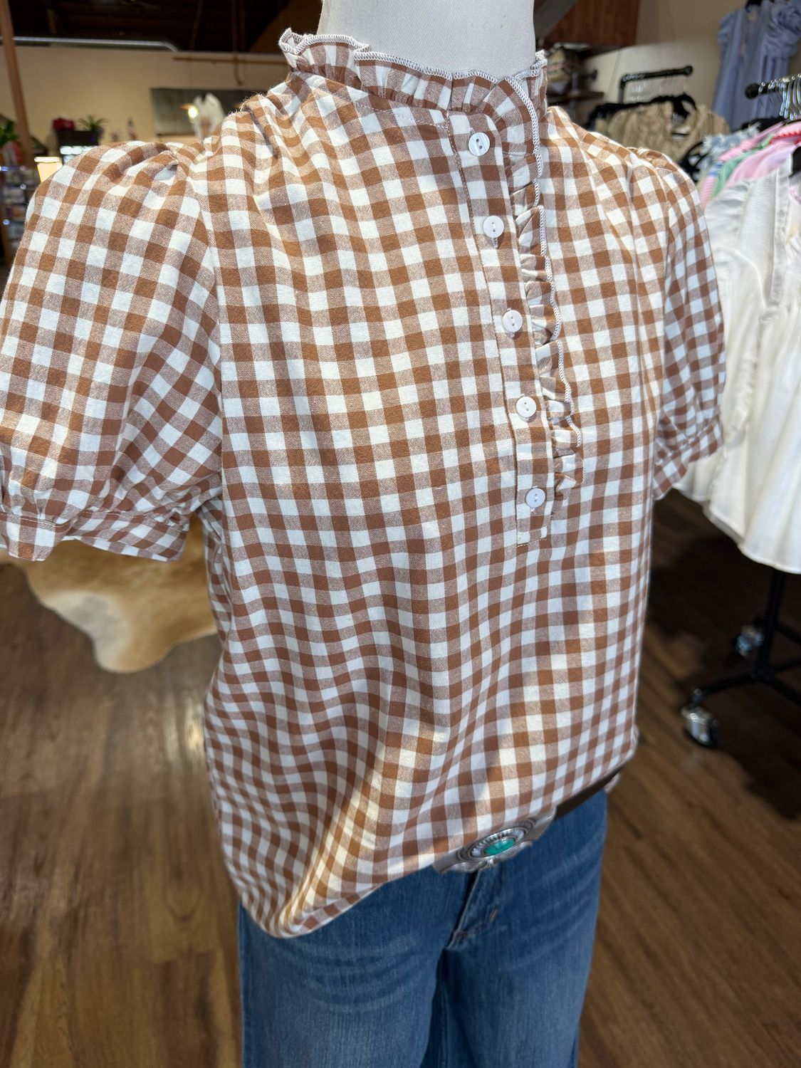 Brown Gingham Puff Sleeve Top