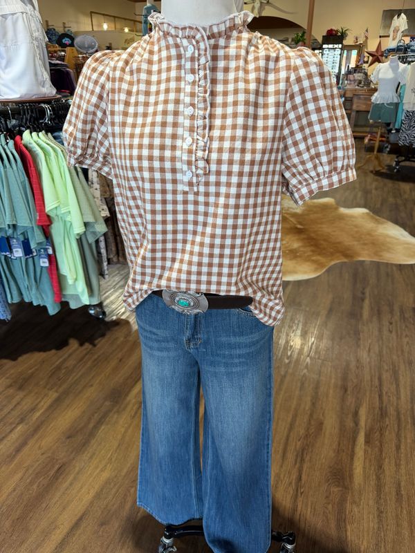 Brown Gingham Puff Sleeve Top