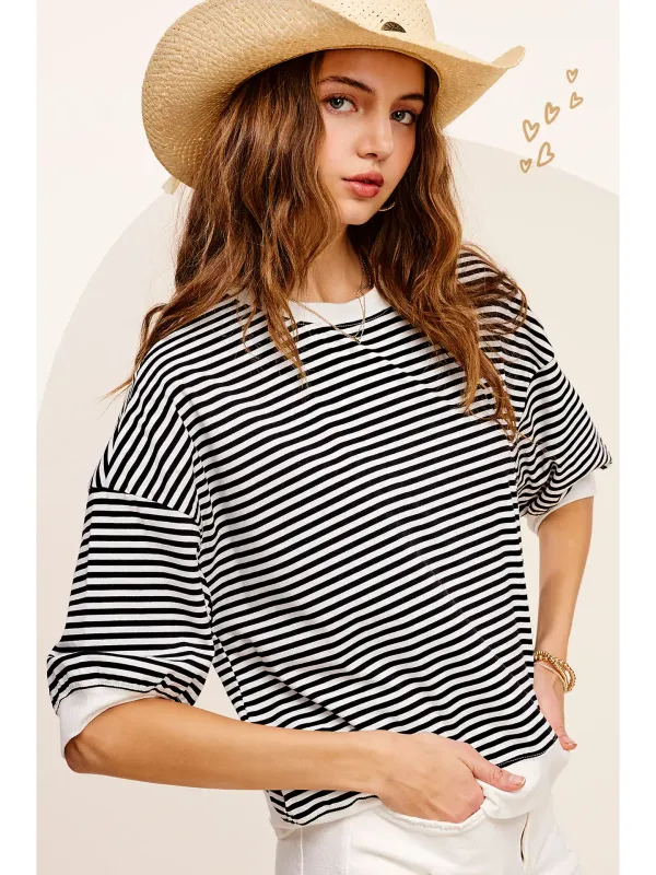 Striped Short Sleeve Crew Mock Neck Top