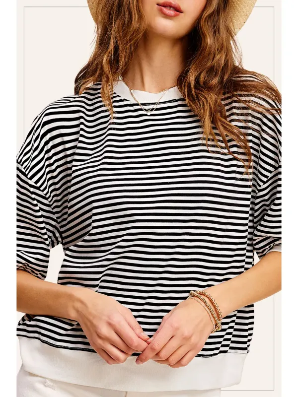 Striped Short Sleeve Crew Mock Neck Top