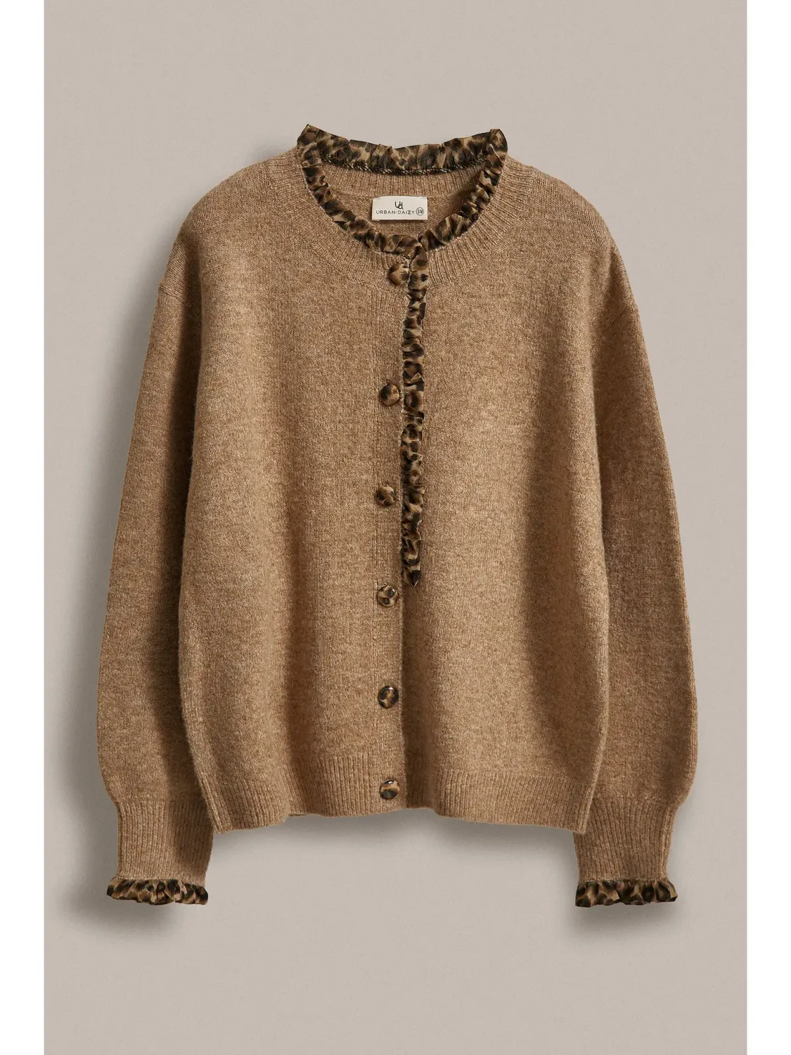 Leopard Ruffle Trim Knit Cardigan
