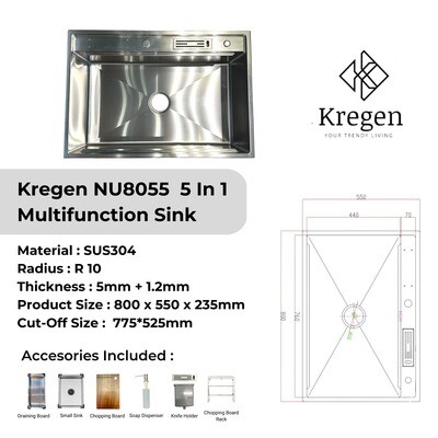 NU8055-Kregen Stainless Steel functional Sink