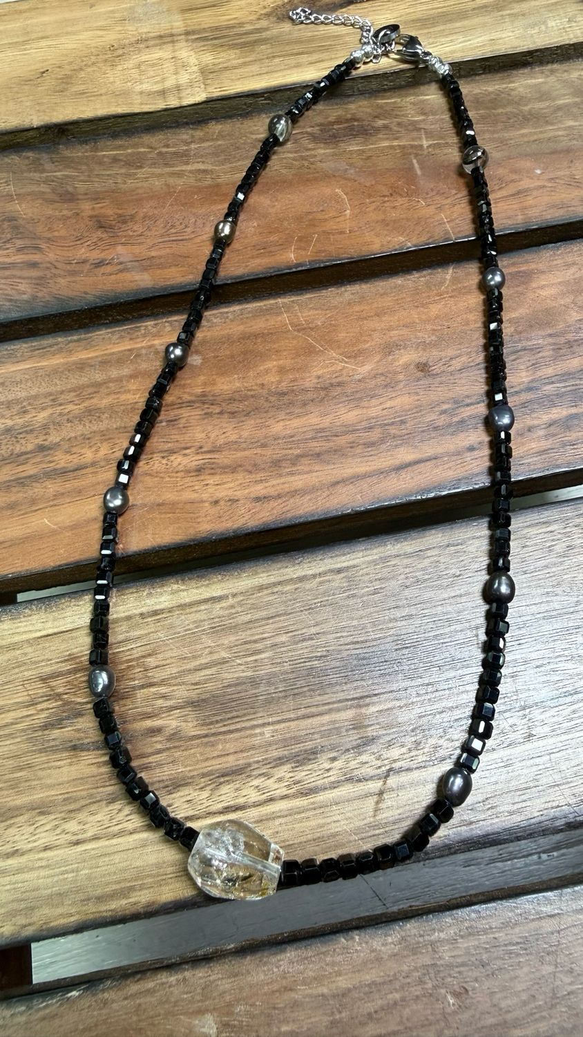 KA-0038黑碧璽頸鏈配珍珠+黑銀鈦+油膽閃靈鑽