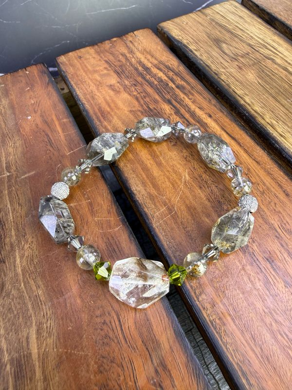 KA-0069 閃靈鑽+黑銀鈦手串 Herkimer Diamond+Brookite in quartz