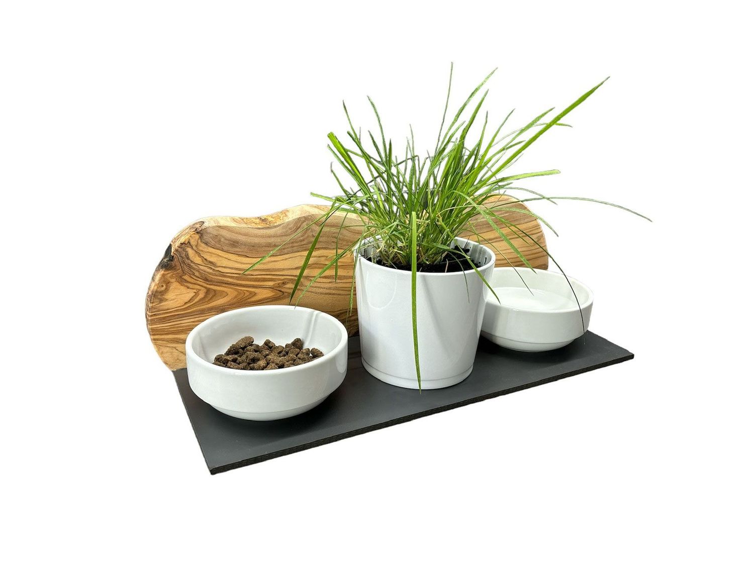 Futterstation MOUNTAIN 2x0,4 Liter Porzellantöpfe plus Topf für Katzengras