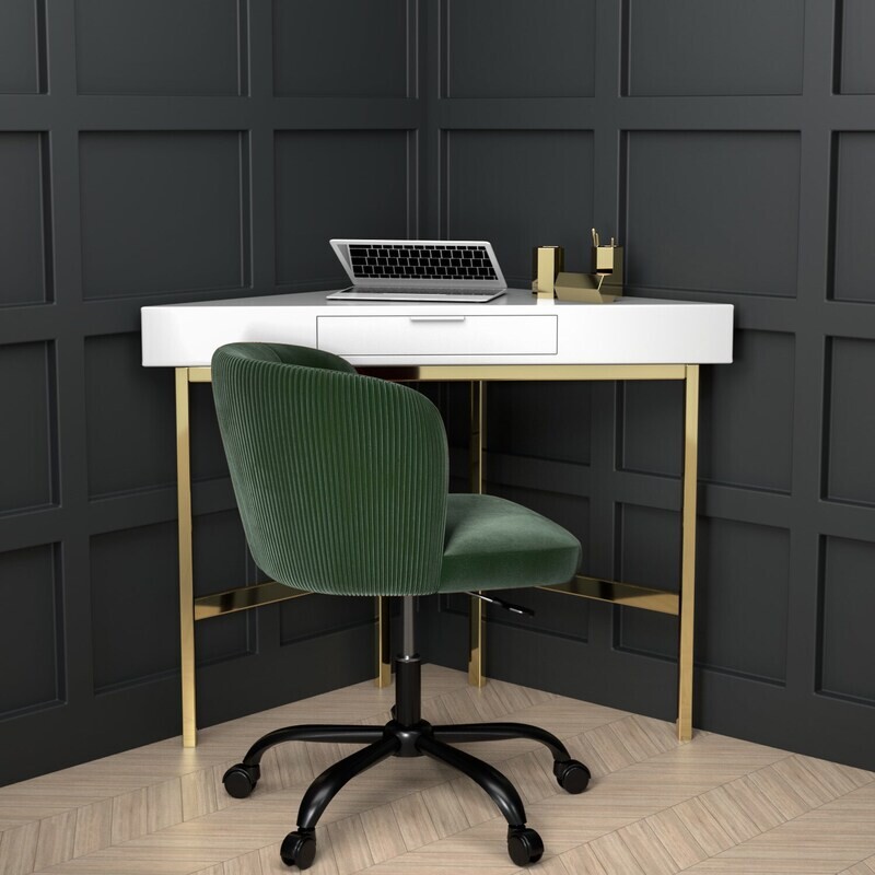 Green Velvet Office Chair With Swivel Base And Pleated Detail