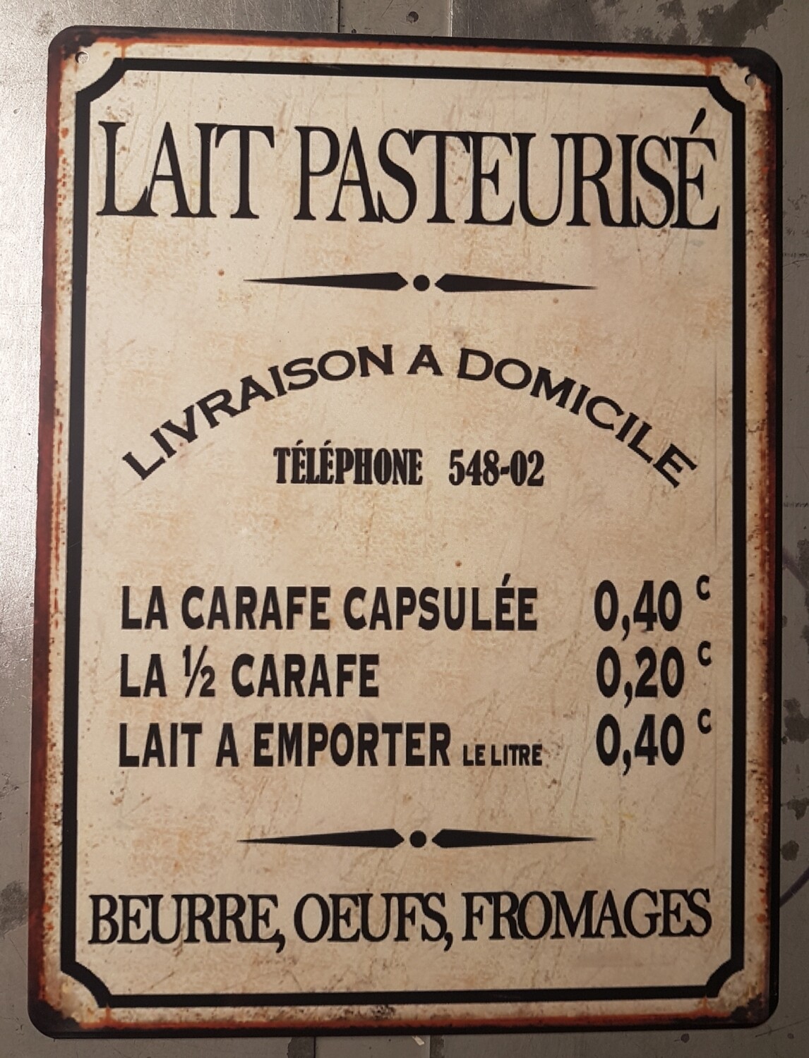 Plaque métal vintage Lait pasteurisé 