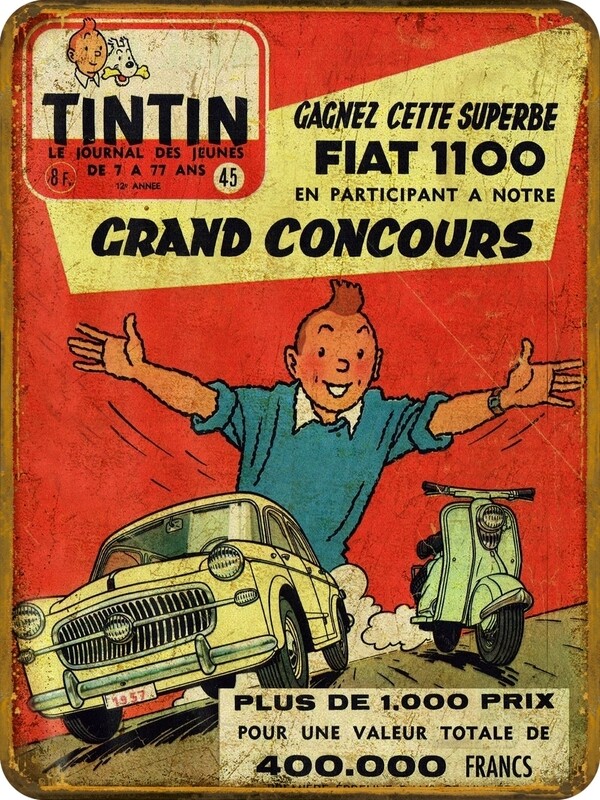 Plaque métal vintage Tintin Fiat 1100 et Vespa