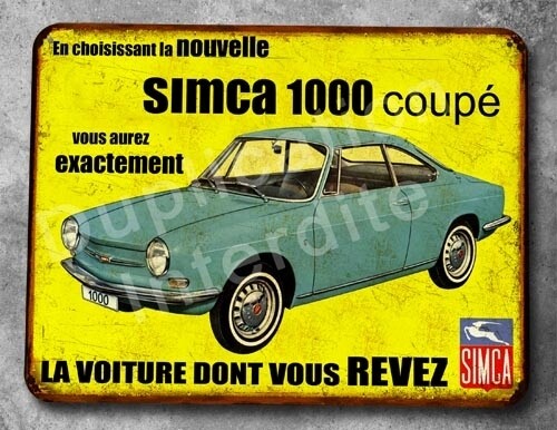 Plaque métal vintage Simca 1000 coupé 
