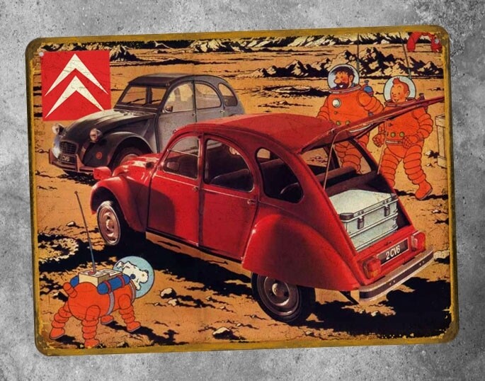 Plaque métal vintage Tintin 2cv Lune