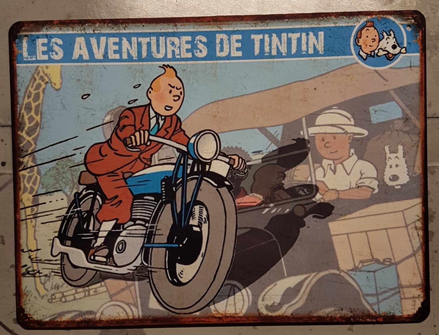 Plaque métal vintage Tintin en moto